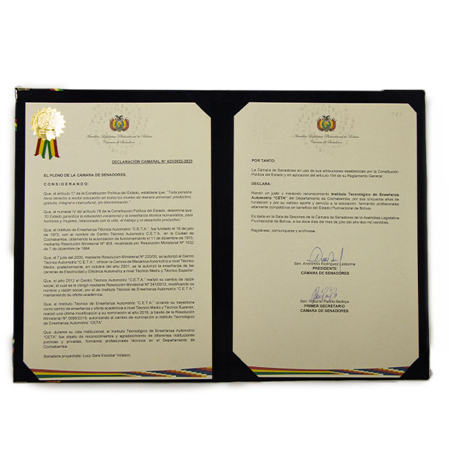 50 años emitido por  la camara de senadores del estado plurinacional de bolivia