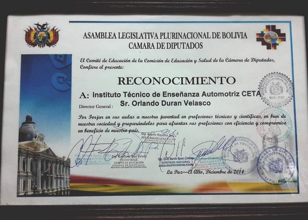 medalla "HONOR AL MERITO" emitida por la asamblea plurinacional de bolivia (2014)