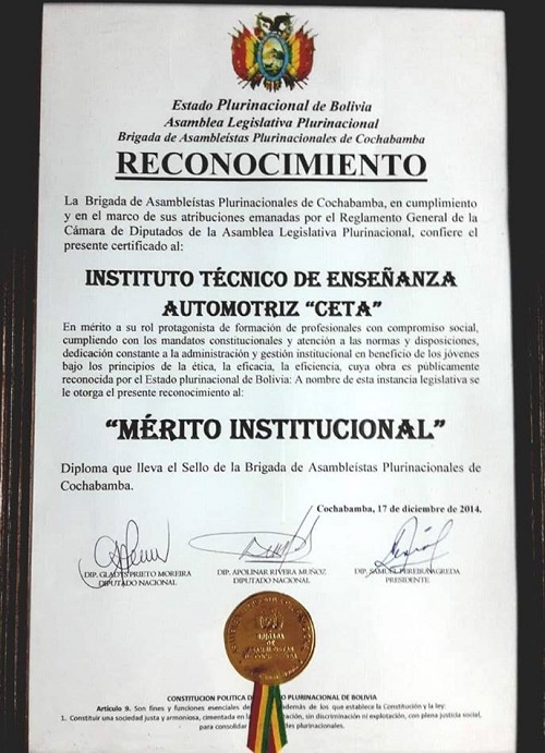 reconocimiento emitida por la brigada de asambleistas plurinacionales de Cochabamba(2014)
