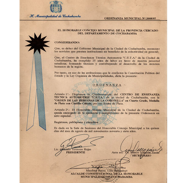 galardon por las bodas de plata emitido por la alcaldia municipal departamental(1997)